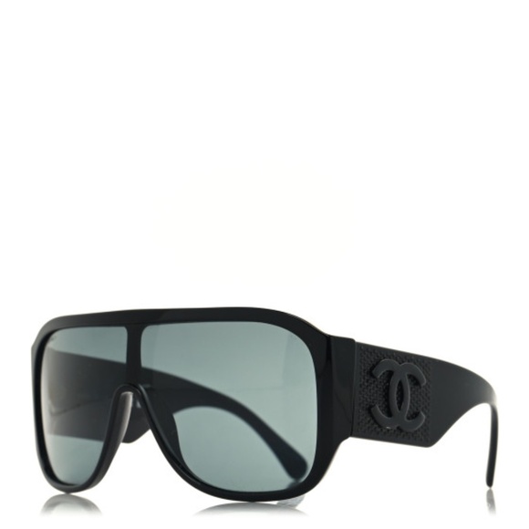 Chanel Large Black Classic CC Logo Shield Sunglasses With Black Crystal Details - Picture 4 of 5